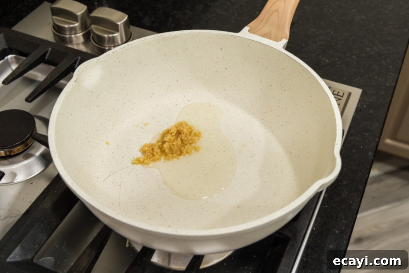Smoked Turkey Carbonara 5 Minced garlic sizzling in olive oil in a large skillet