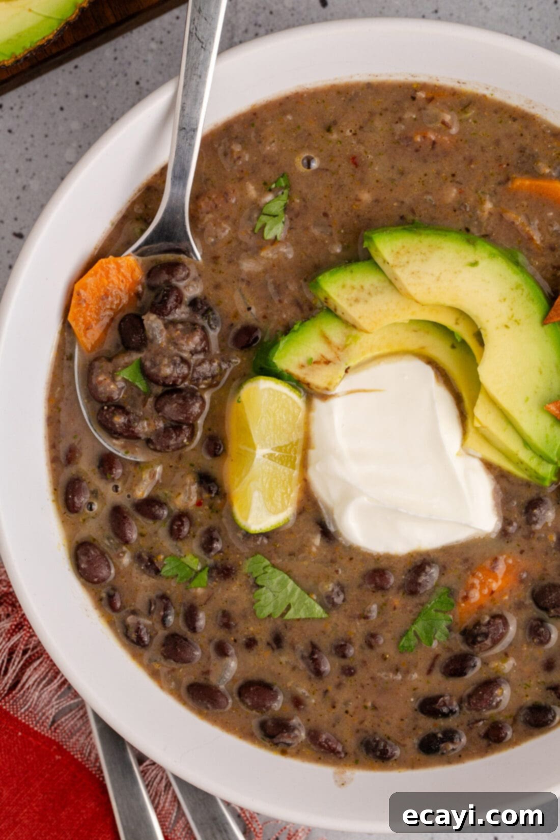 Savory Black Bean Delight 3 Close-up view of a spoon dipping into a bowl of rich, thick black bean soup, showcasing its creamy texture and the hearty ingredients within.