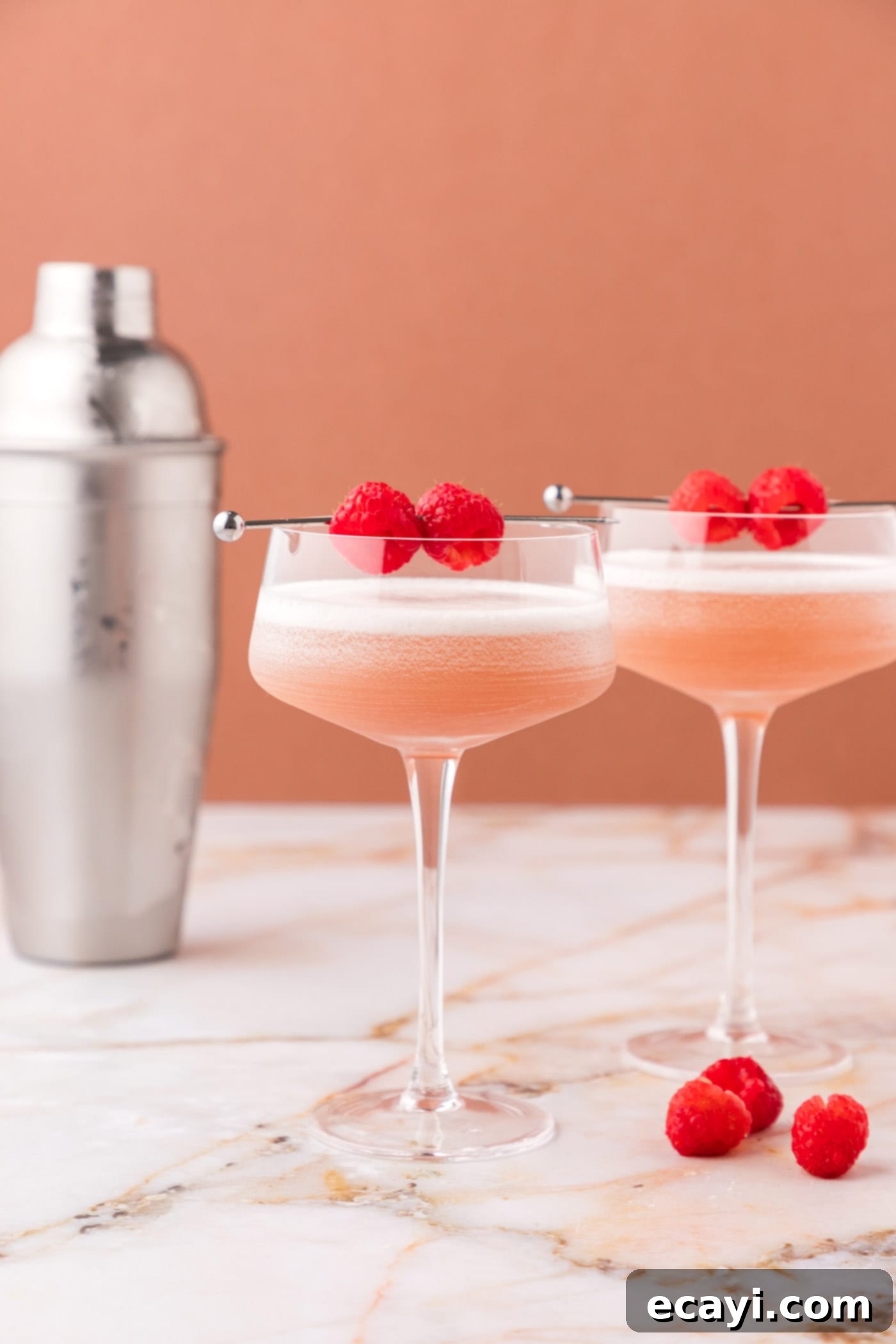 The Parisian Raspberry Sip 10 two french martinis with a garnish of fresh raspberries