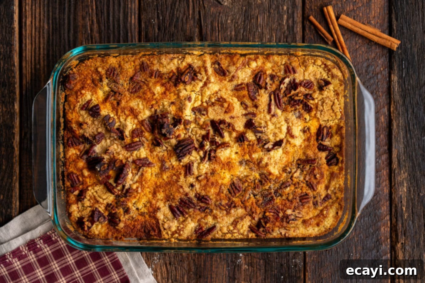 Effortless Pumpkin Spice Bake 10 overhead of finished baked pumpkin dump cake