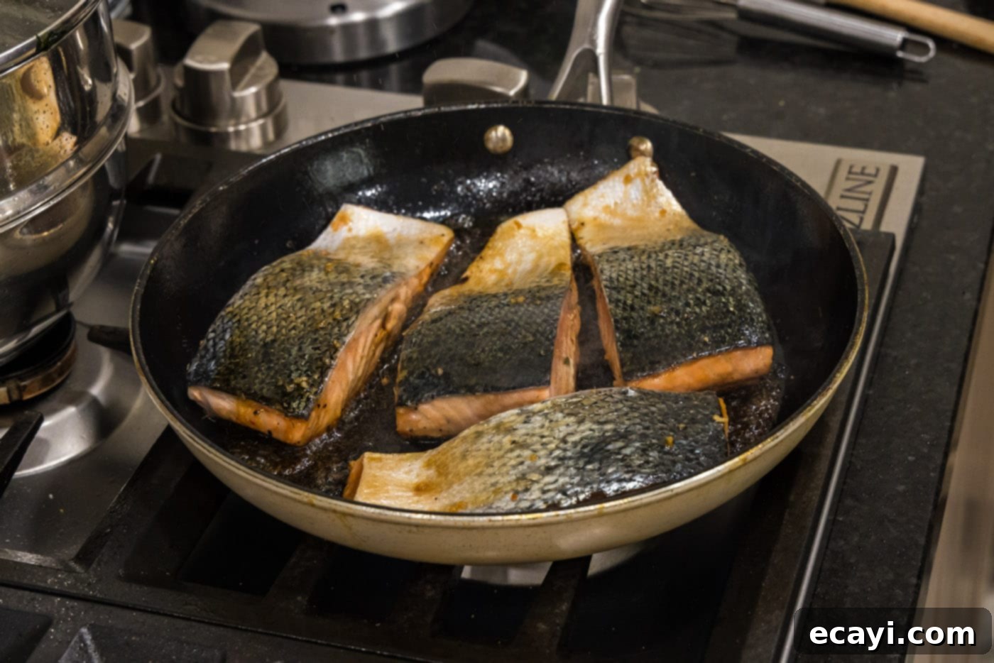 Caramelized Honey Salmon 11 searing salmon filets flesh side up in a skillet