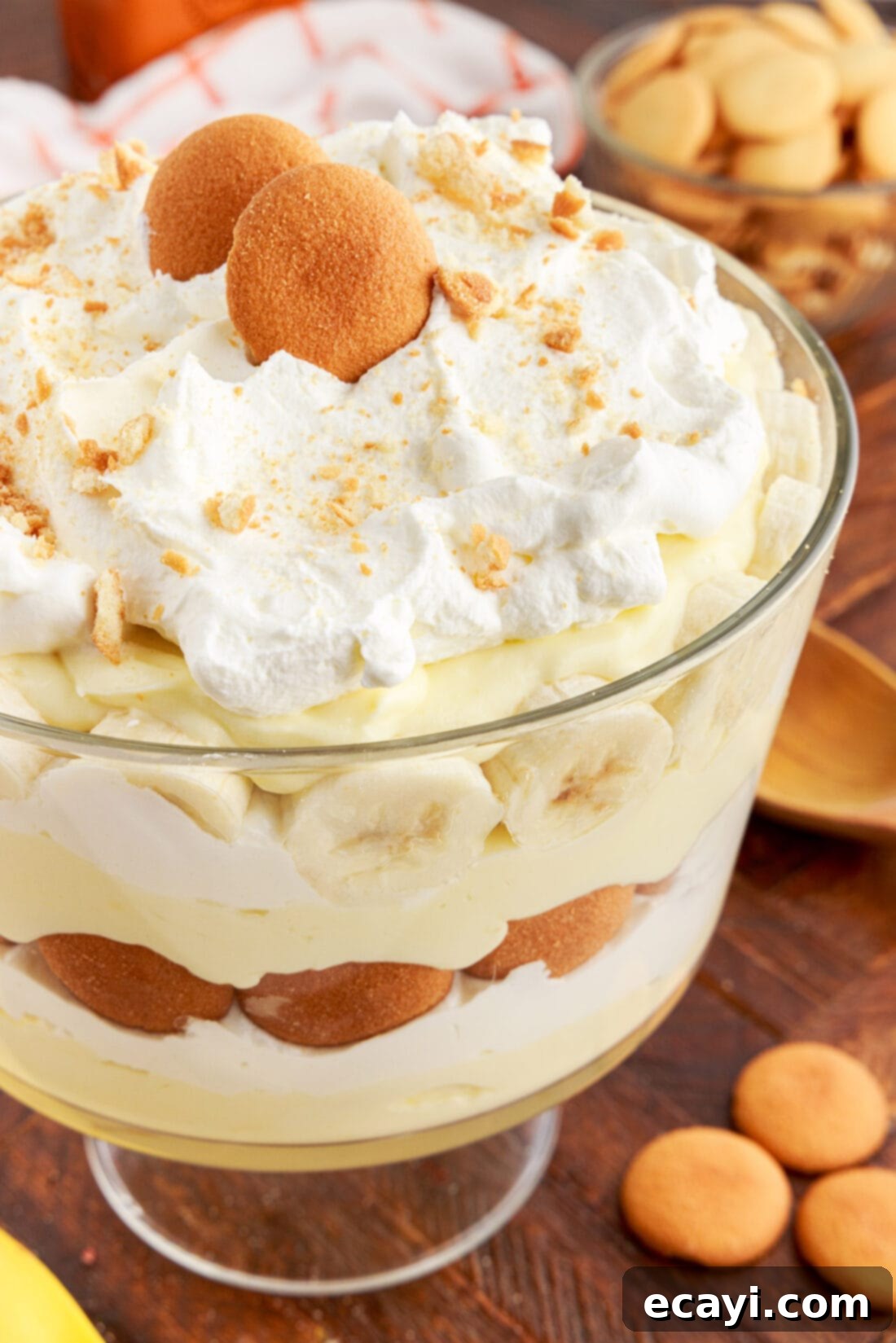 Decadent Banana Layers 2 Close up photo of a Banana Trifle showing distinct layers of pudding, cream, and bananas