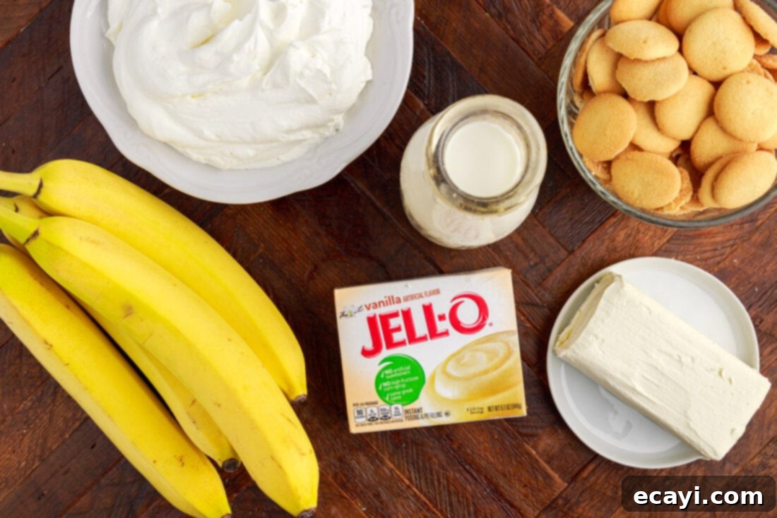 Decadent Banana Layers 4 Ingredients for Banana Trifle laid out on a counter