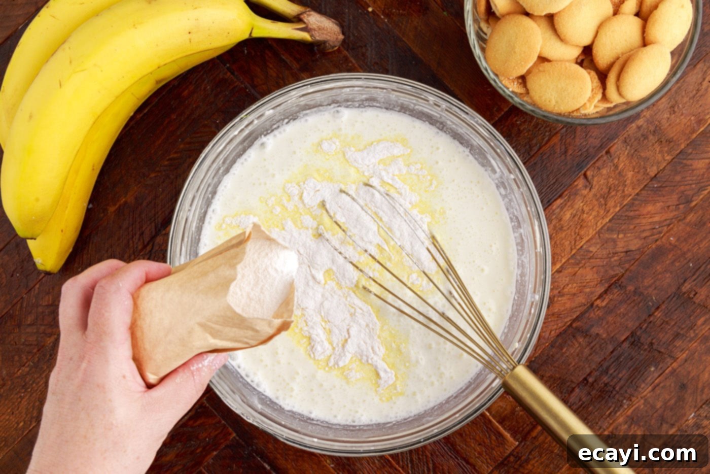 Decadent Banana Layers 6 whisking instant vanilla pudding into cream cheese mixture