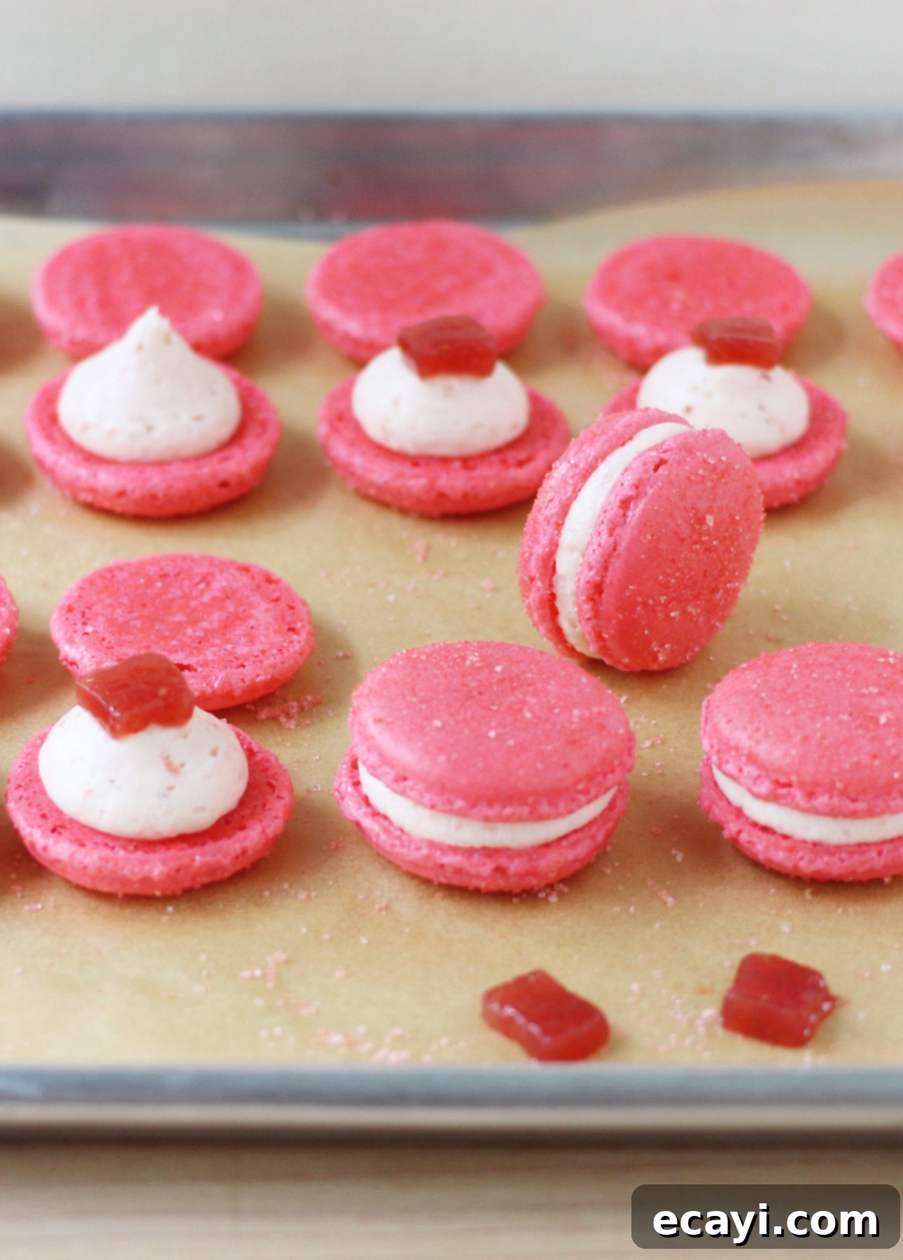 Rhubarb & Strawberry Macaron Perfection 3 Strawberry Rhubarb French Macarons // FoodNouveau.com