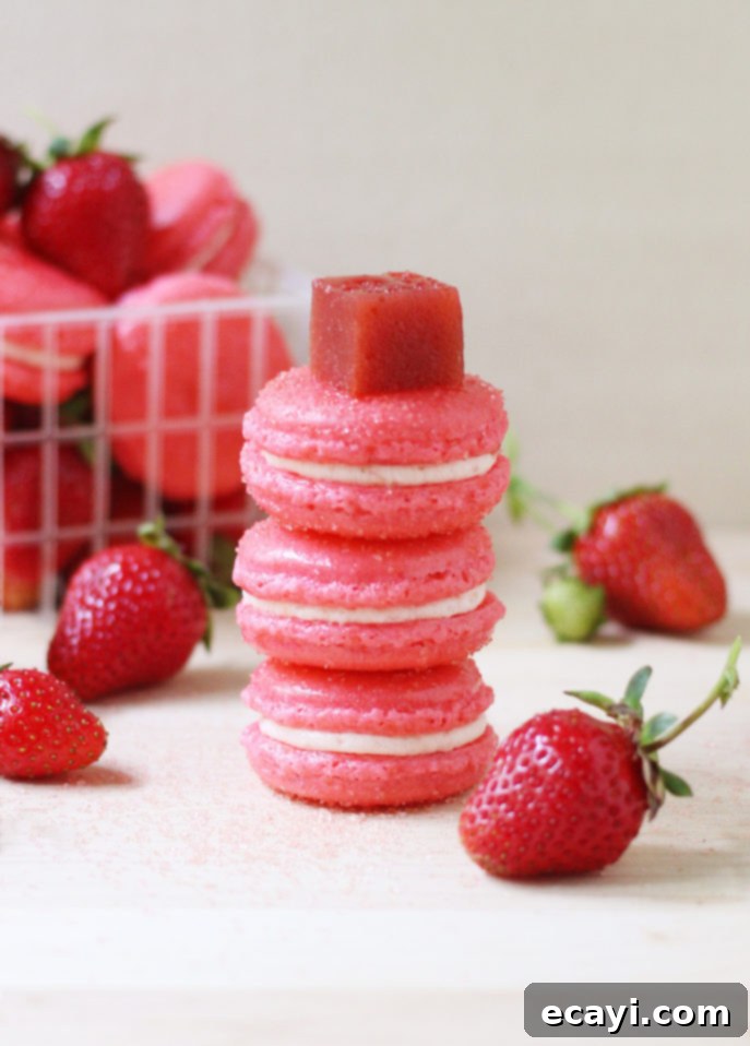 Rhubarb & Strawberry Macaron Perfection 5 Strawberry Rhubarb French Macarons // FoodNouveau.com