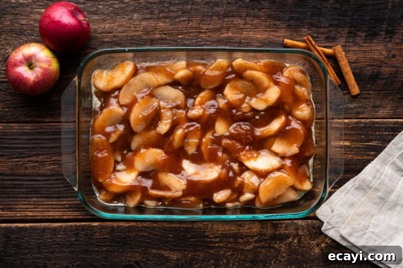 Gooey Caramel Apple Delight 8 apple pie filling in a baking dish
