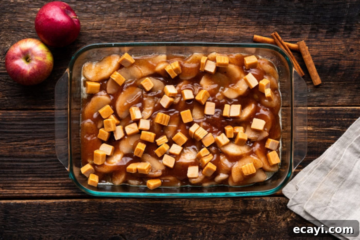 Gooey Caramel Apple Delight 9 kraft caramels dotted on top of apple pie filling