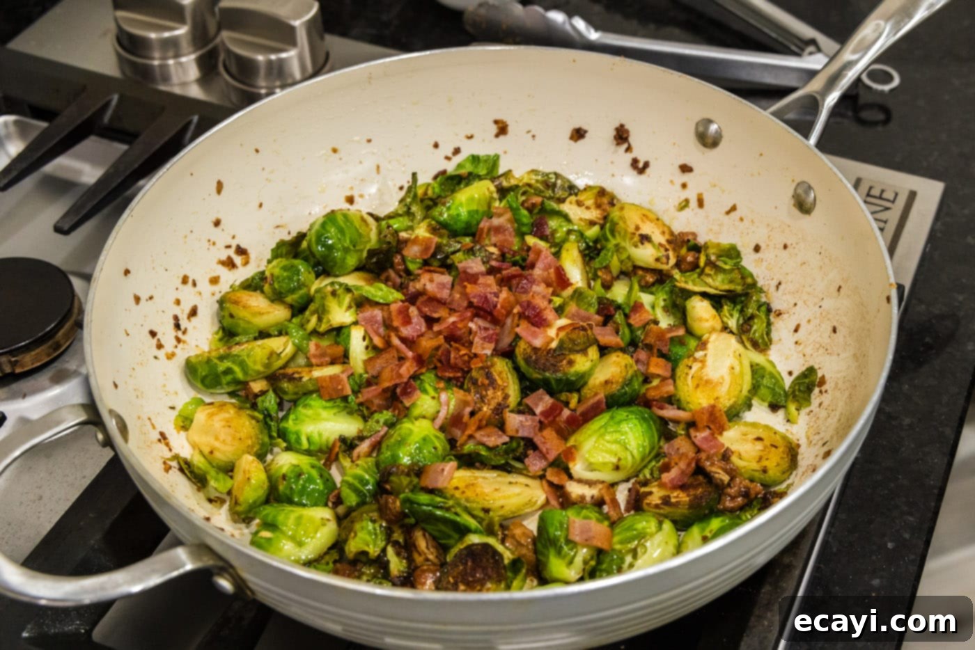 Roasted Brussels Sprouts with Crispy Bacon and Glazed Pecans 16 Chopped crispy bacon added to the skillet with Brussels sprouts and candied pecans.
