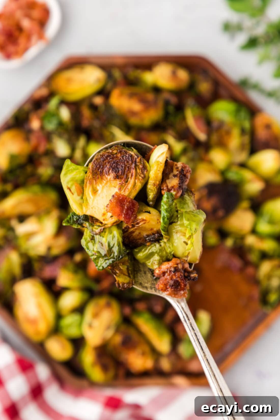 Roasted Brussels Sprouts with Crispy Bacon and Glazed Pecans 3 Close up photo of a spoonful of Brussels Sprouts with Bacon, Shallots and Candied Pecans, showing the diverse ingredients and appealing textures.