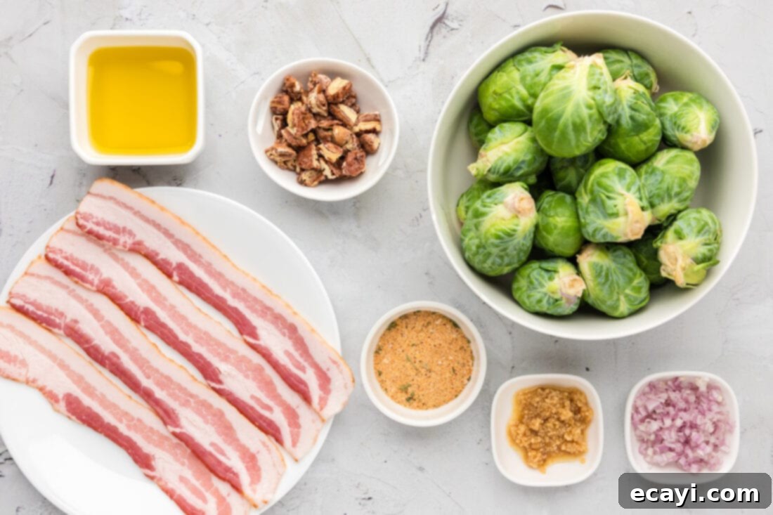 Roasted Brussels Sprouts with Crispy Bacon and Glazed Pecans 4 Ingredients for Brussels Sprouts with Bacon, Shallots and Candied Pecans laid out on a cutting board, including fresh sprouts, bacon, pecans, and seasonings.