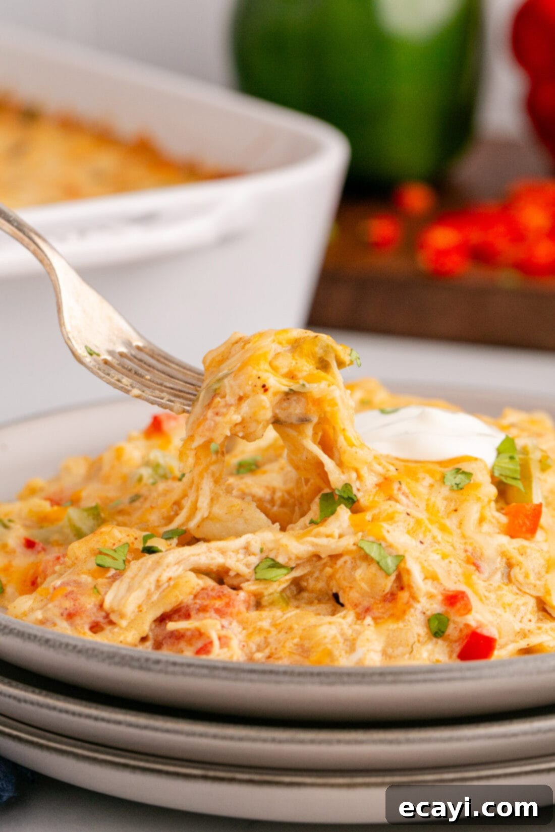 Comforting King Ranch Chicken Casserole 3 A fork holding a piece of King Ranch Chicken Casserole above a plate, showing the rich, cheesy texture.