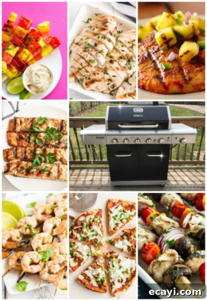 A vibrant collage of various grilled dishes including chicken, pork, shrimp, salmon, vegetables, and fruit skewers, symbolizing the exciting world of outdoor cooking.