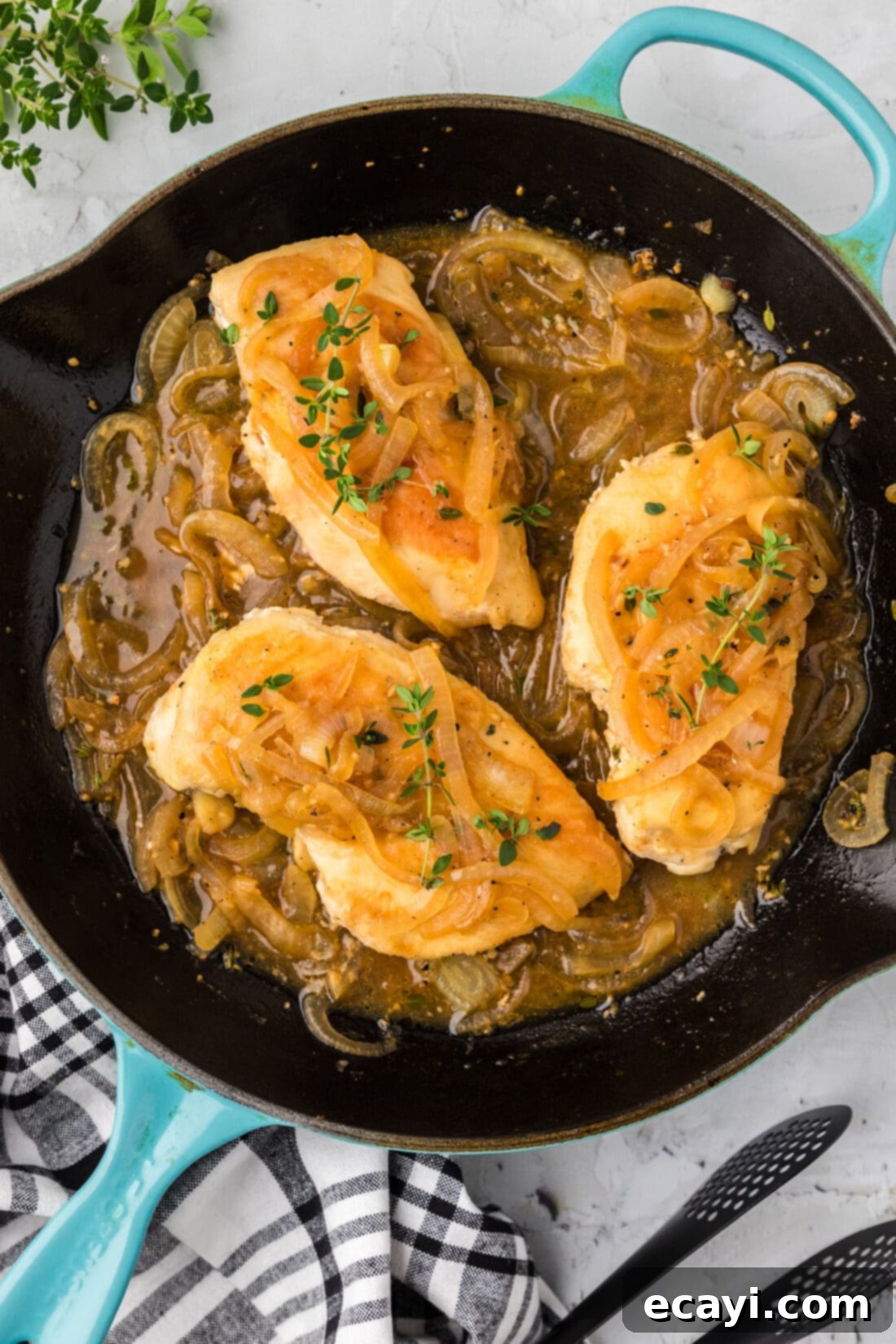 Savory Onion-Thyme Chicken 2 Skillet of Chicken with Onion Thyme Sauce