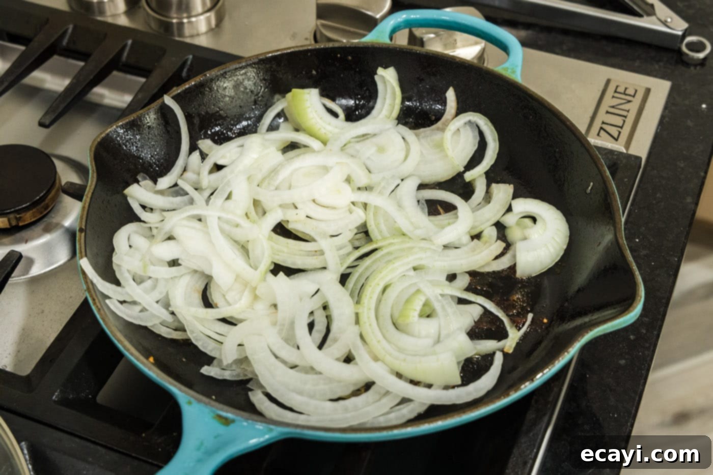 Savory Onion-Thyme Chicken 12 raw sliced onion in a skillet