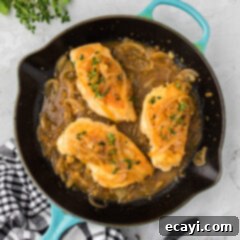 Savory Onion-Thyme Chicken 19 Chicken with Onion Thyme Sauce in a skillet