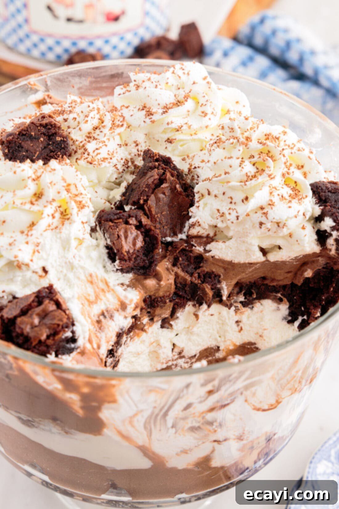 Decadent Brownie Trifle 16 Close up photo of a Brownie Trifle after a serving has been removed, showing the clean, distinct layers.