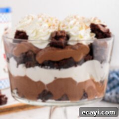 Decadent Brownie Trifle 17 Side photo of a stunning Brownie Trifle, showcasing its beautiful layers.