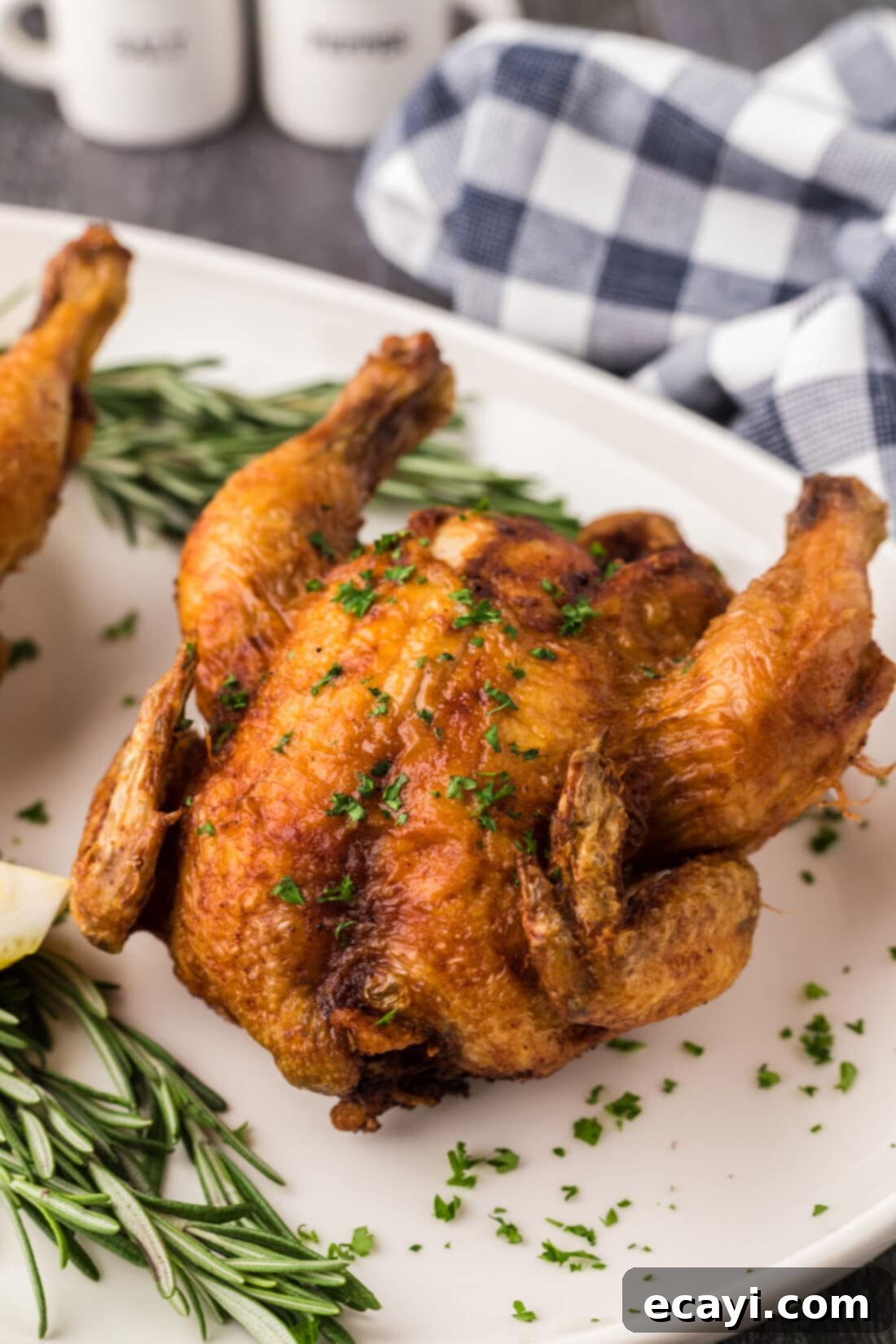 Crispy Golden Cornish Hens 14 Close up photo of a Deep Fried Cornish Hen, highlighting its crispy golden skin and tender meat