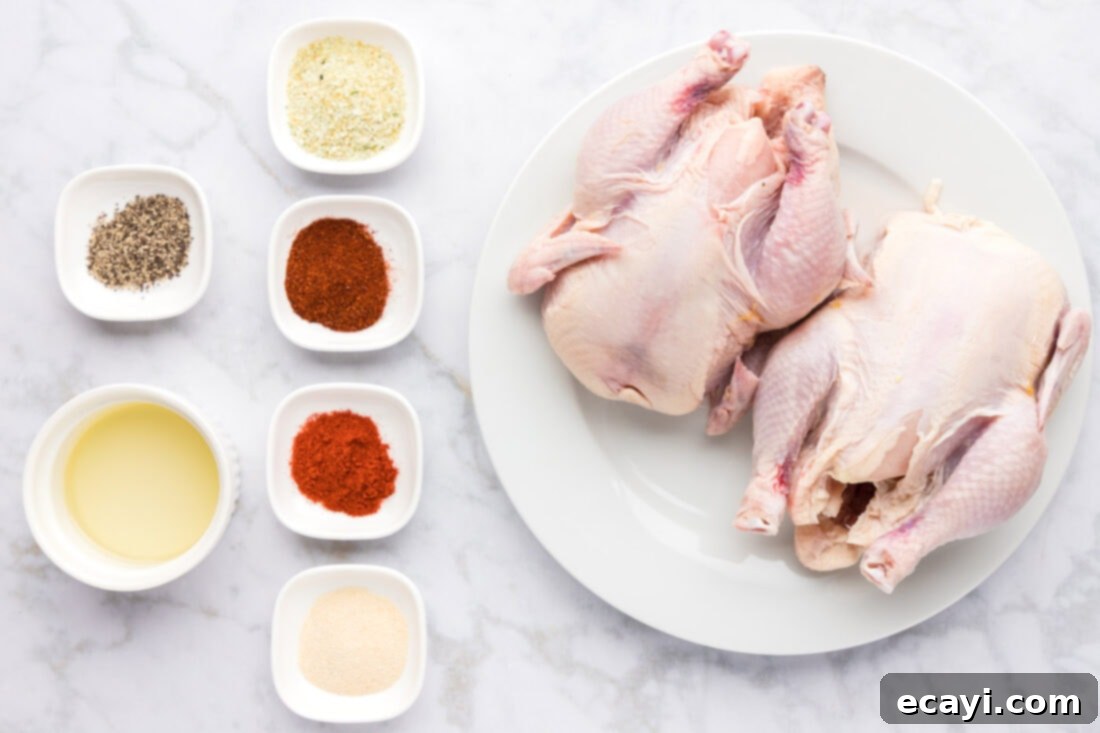 Crispy Golden Cornish Hens 4 A selection of fresh ingredients laid out for Deep Fried Cornish Hens preparation