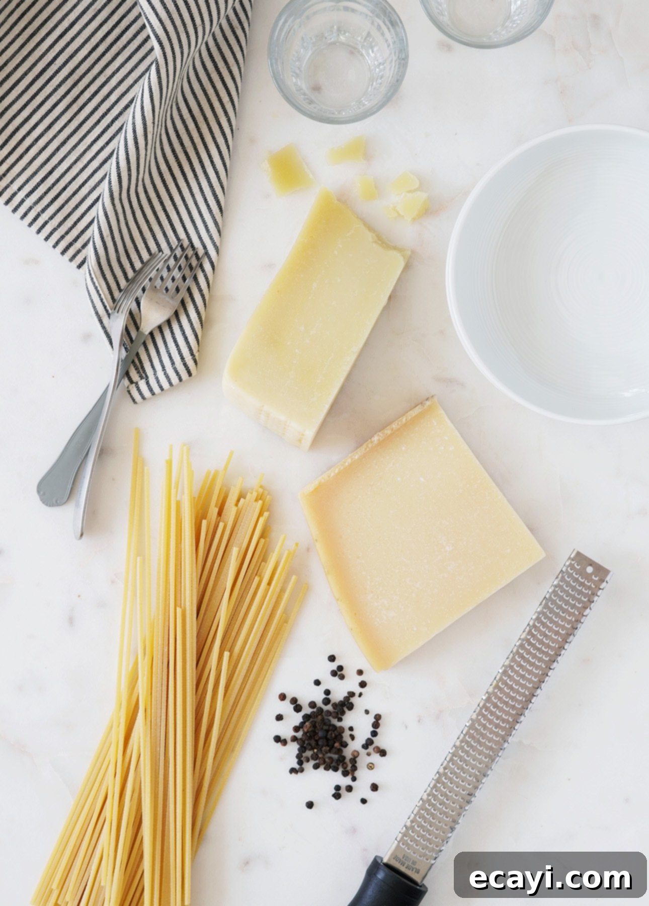 The Secret to Perfect Cacio e Pepe 6 The basic ingredients required to make Cacio e Pepe: pasta, cheese, and black pepper