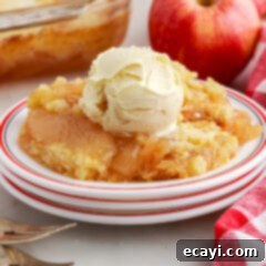 Golden Apple Streusel Bake 10 Apple Dump Cake on a plate topped with a scoop of ice cream