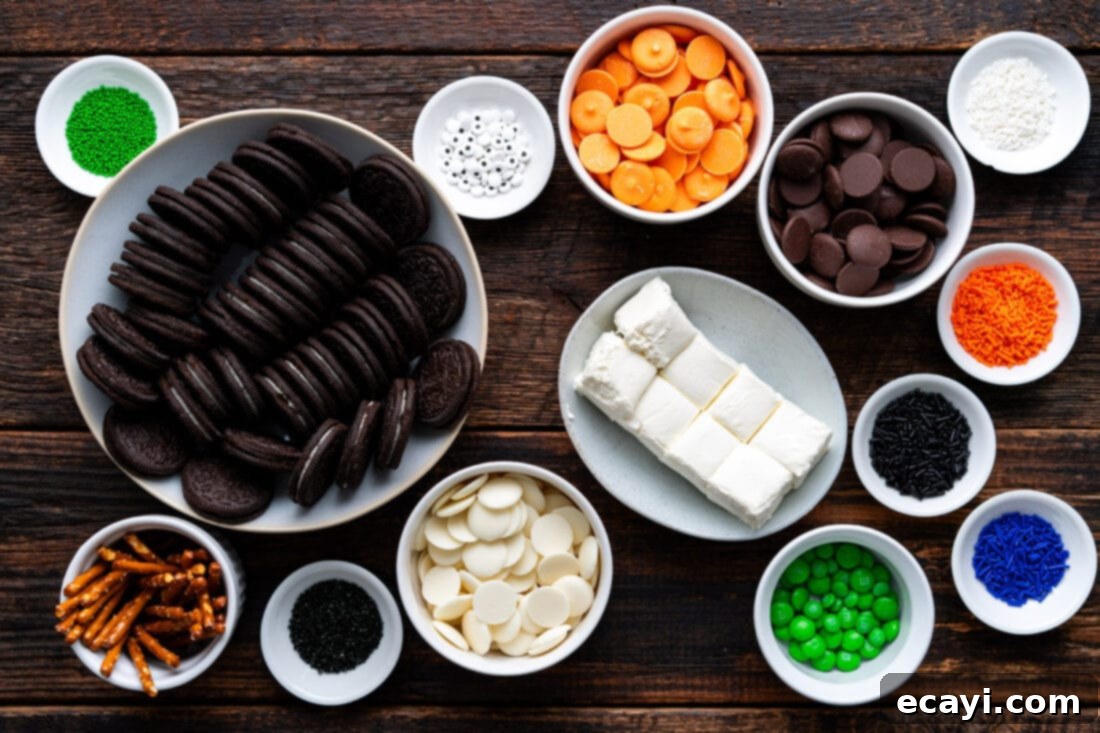 Wicked Oreo Wonders 4 Ingredients for Halloween Oreo Truffles, including cookies, cream cheese, and various candy melts