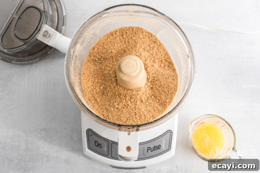 Pineapple Cloud Delight 3 Graham crackers being processed into fine crumbs in a food processor, essential for the dessert crust.