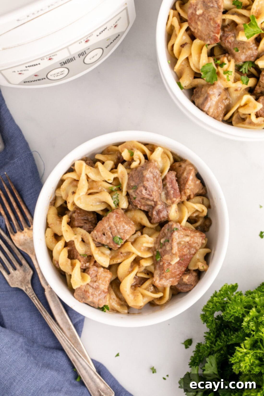 Homestyle Beef Noodles 2 Two bowls of Beef and Noodles with a crockpot in the background, showcasing a delicious, hearty meal