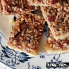 Pecan Perfection Bars 5 A close up overhead photo of pecan pie bars on a plate.