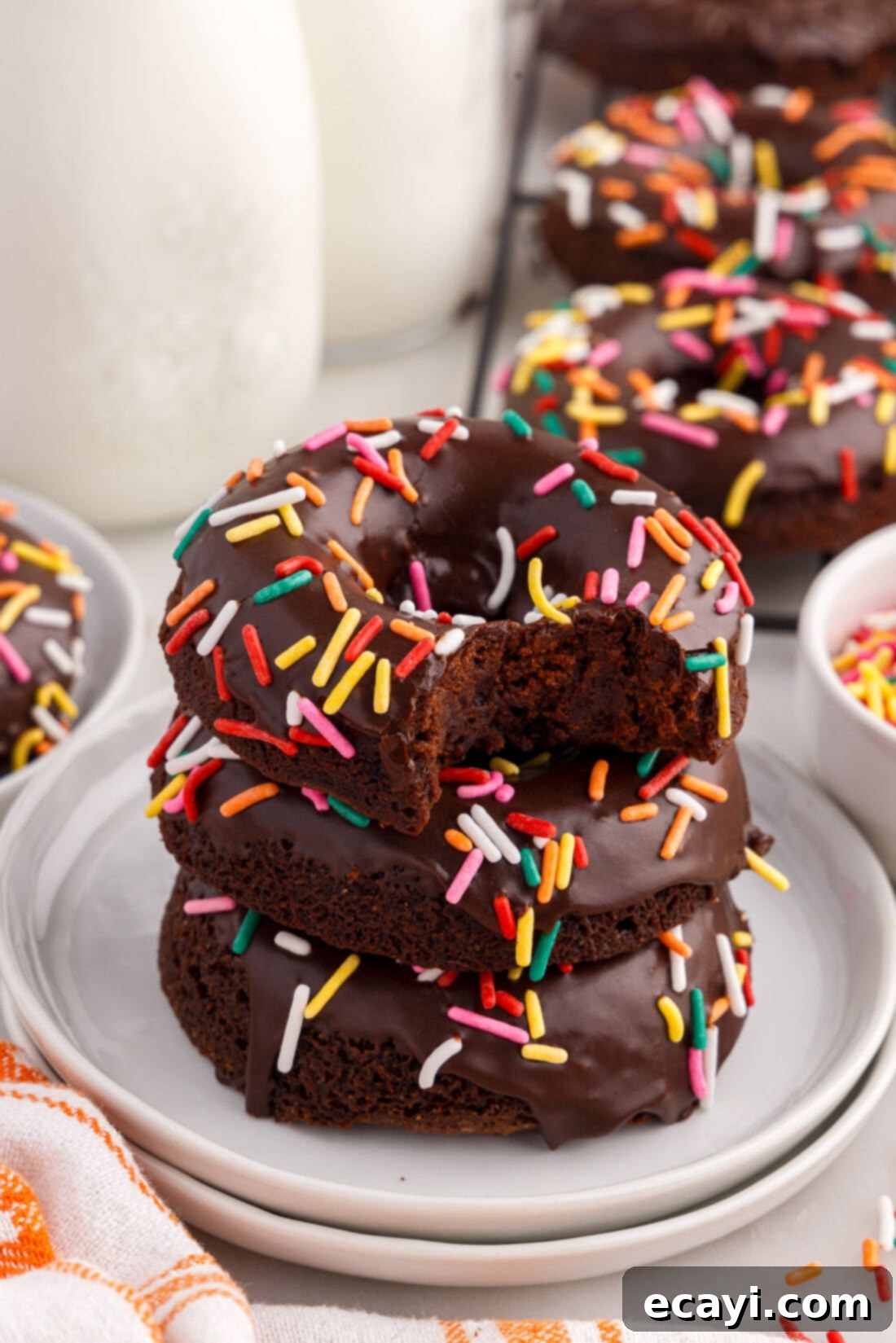 ChocoRings 2 Stack of Bronuts topped with vibrant rainbow sprinkles with a bite taken out of the top one, showcasing the fudgy interior