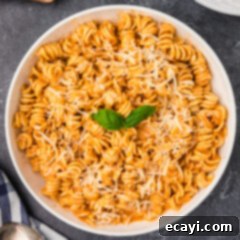 Creamy Vodka Pasta Sauce 15 Overhead photo of a bowl of pasta covered in Vodka Sauce, showcasing its rich texture and color.