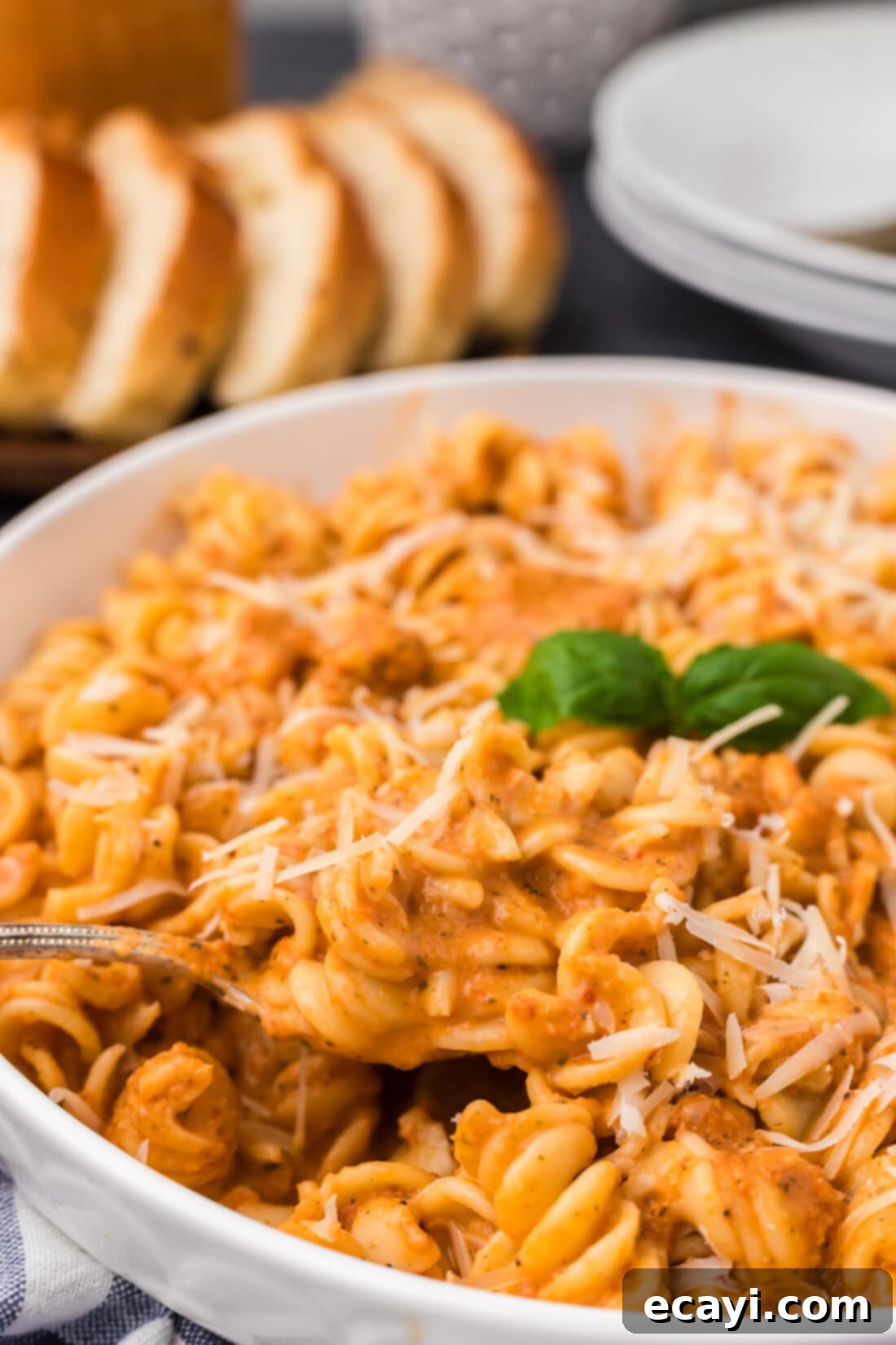 Creamy Vodka Pasta Sauce 3 Close up photo of a spoon lifting out of a bowl of pasta covered in Homemade Vodka Sauce, highlighting its glossy texture.