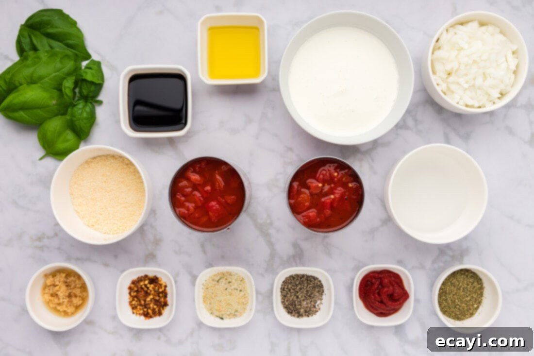 Creamy Vodka Pasta Sauce 4 A flat lay photograph displaying all the fresh and pantry ingredients required for making homemade vodka sauce, arranged neatly on a surface.
