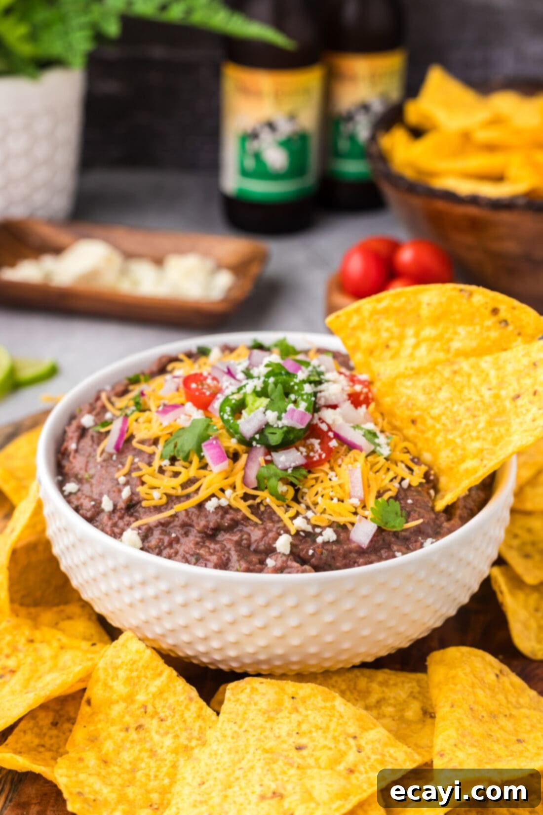 Zesty Black Bean Dip 3 Tortilla chip in a bowl of Black Bean Dip
