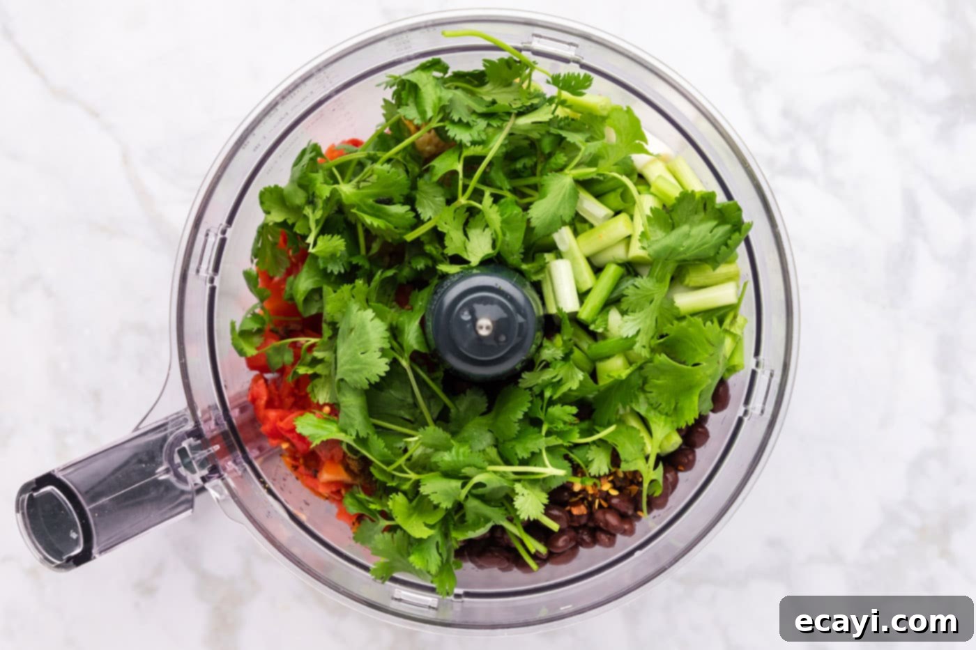 Zesty Black Bean Dip 6 adding cilantro to dip in food processor