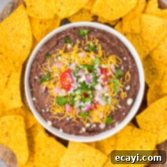 Zesty Black Bean Dip 9 Overhead photo of a bowl of Black Bean Dip with tortilla chips around it