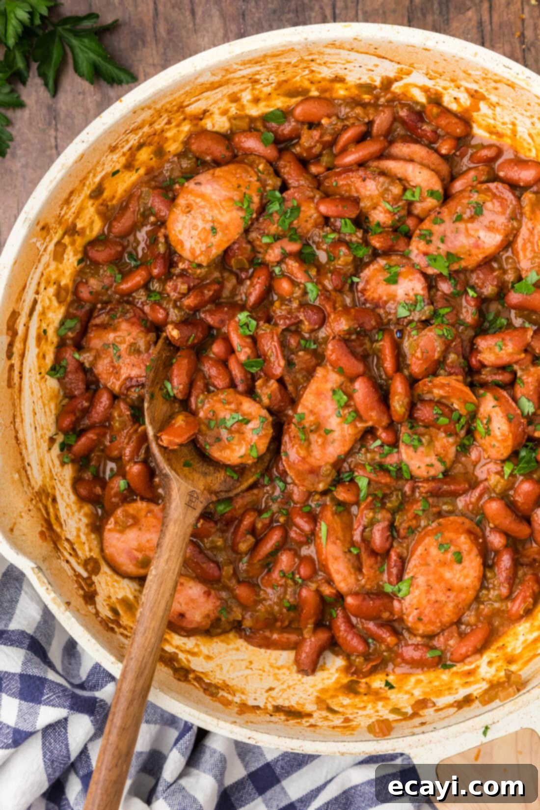 Hearty Louisiana Red Beans and Rice 14 Cajun Red Beans in a skillet, ready to be served over rice
