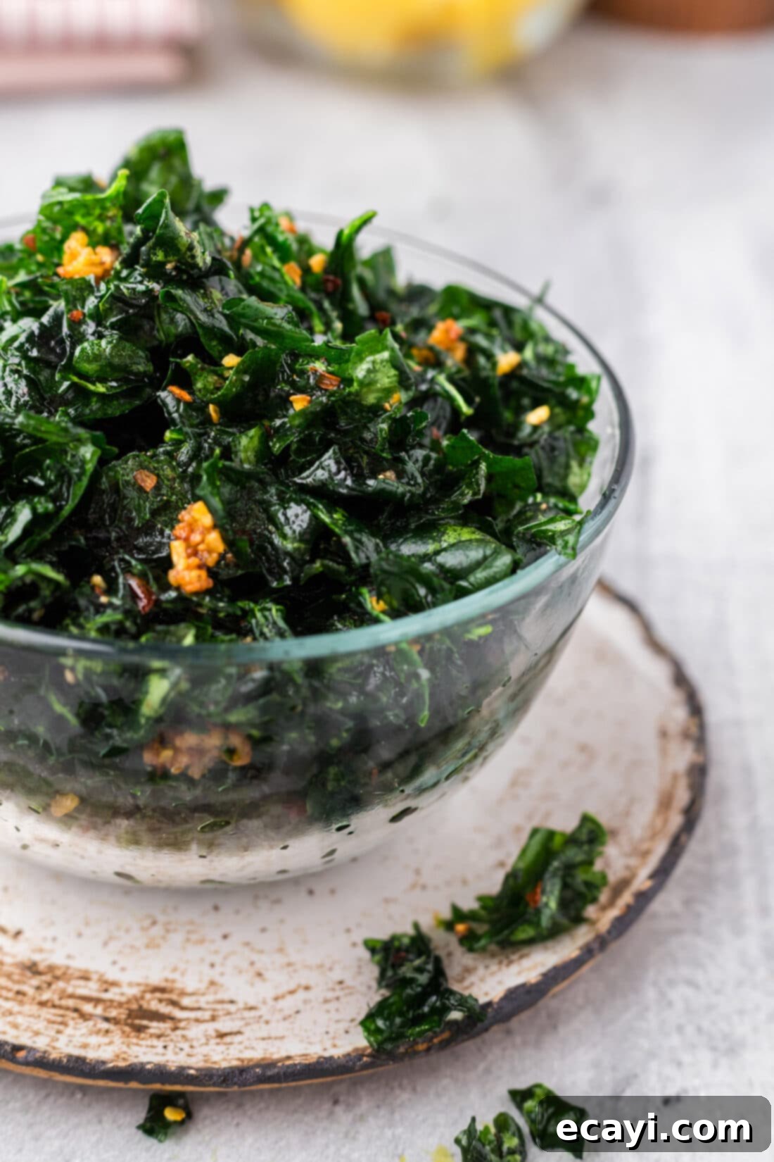 Crispy Spinach Sauté 2 Close up photo of a bowl of Fried Spinach, perfectly crispy and golden.