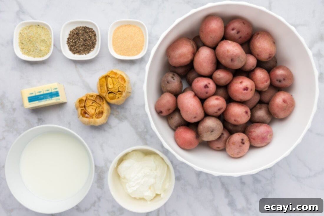 Creamy Garlic Mash 4 A flat lay photograph showcasing the fresh ingredients for garlic mashed potatoes: baby red potatoes, a head of roasted garlic, a tub of sour cream, a stick of butter, and small bowls of garlic salt, garlic powder, and black pepper.