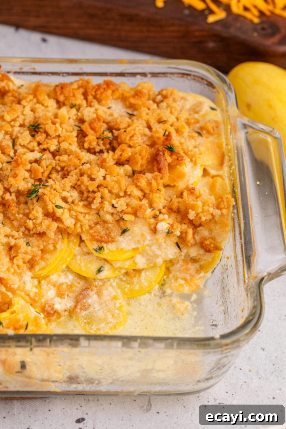 Golden Squash Bake 2 Close up photo of Squash Casserole with a serving removed