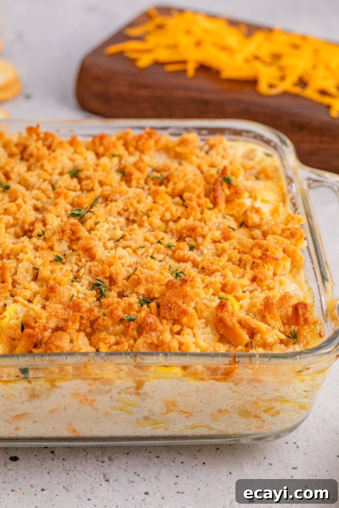 Golden Squash Bake 14 Close up photo of Squash Casserole in a dish