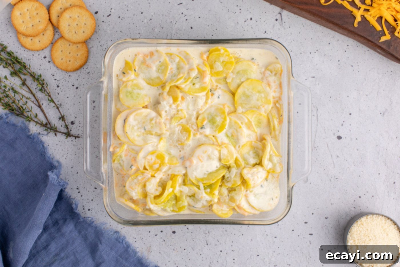 Golden Squash Bake 10 yellow squash with filling in a baking dish