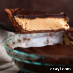 Decadent Peanut Butter Chocolate Dream 17 Slice of chocolate peanut butter pie being lifted out of the pie dish