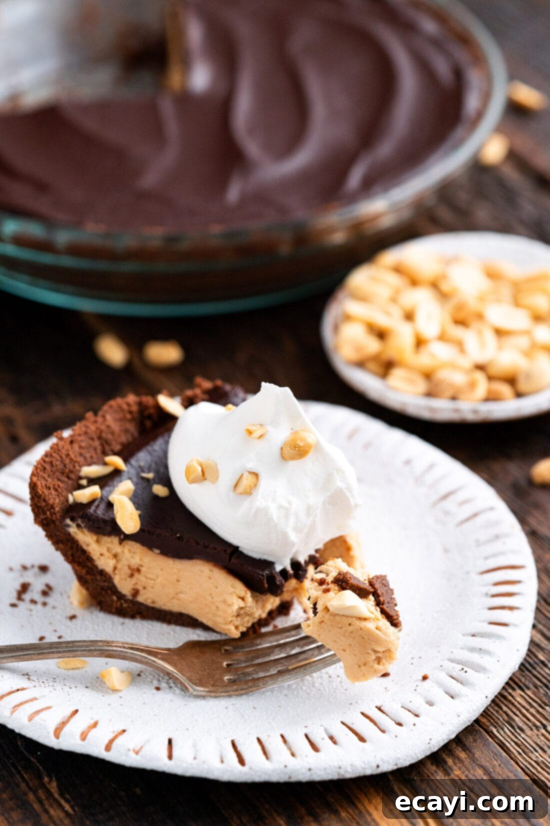 Decadent Peanut Butter Chocolate Dream 3 Slice of Chocolate Peanut Butter Pie on a plate with a piece on a fork
