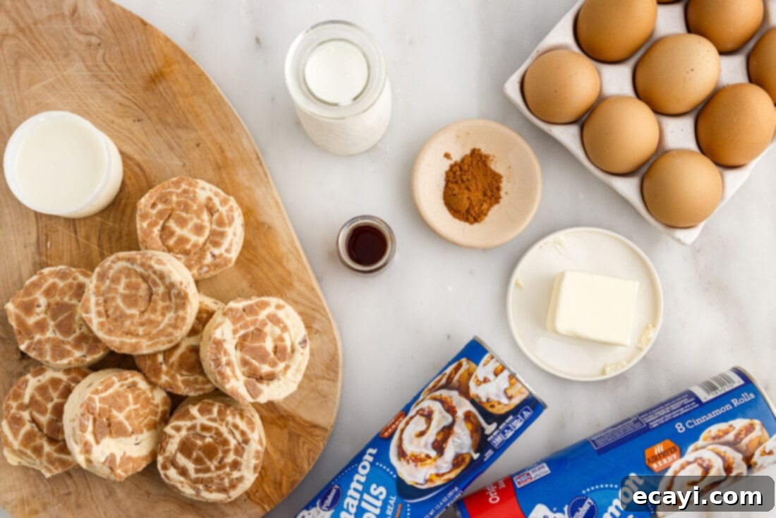 Gooey Cinnamon Brunch Bake 4 Various ingredients for Cinnamon Roll Casserole laid out on a countertop