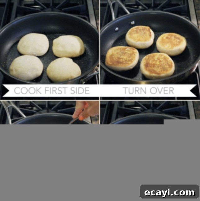 Bake Your Own Whole Wheat English Muffins 10 Whole wheat English muffins cooking on a skillet, showing the browning process.