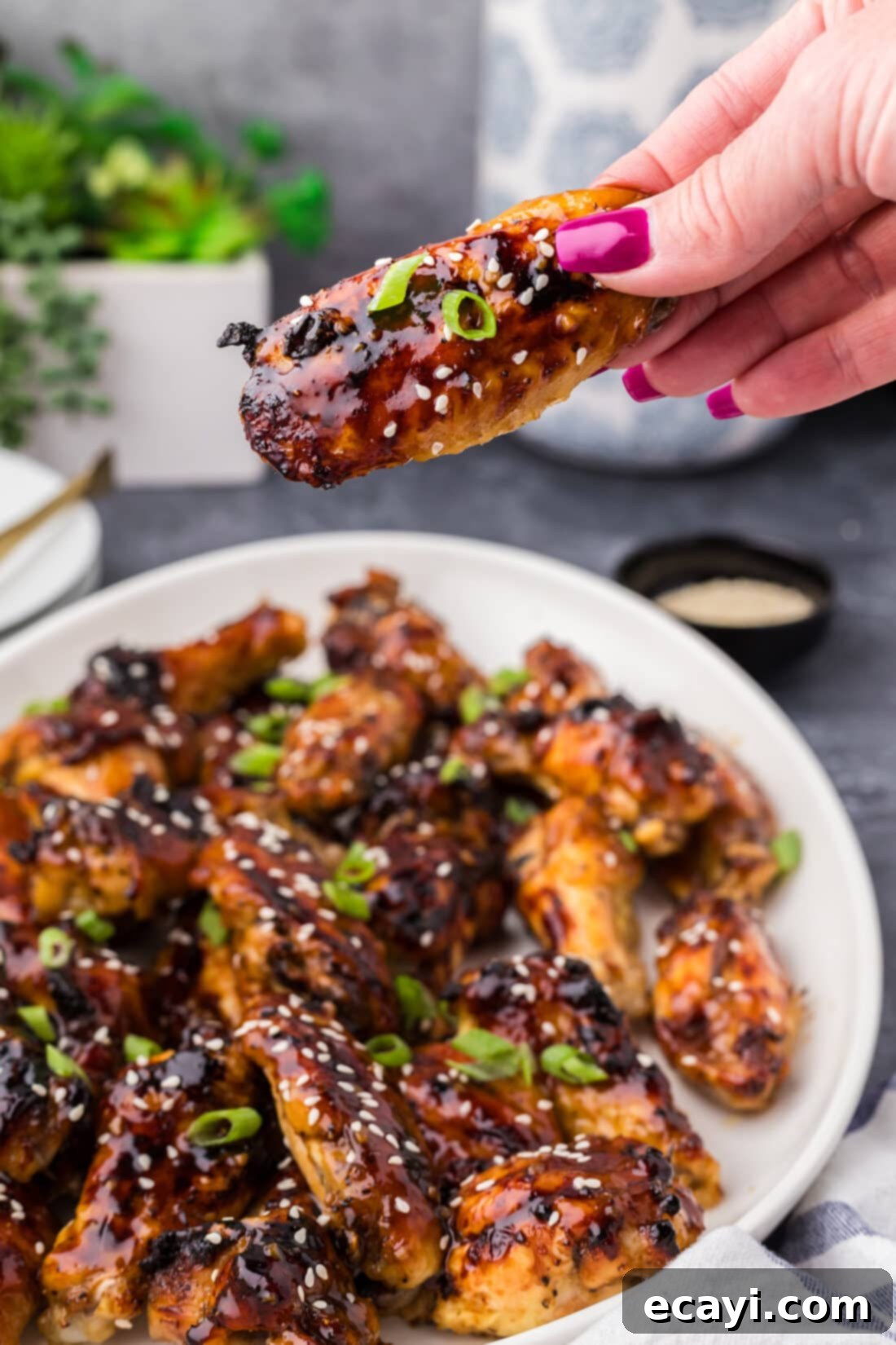 Sticky Honey Garlic Wings 3 Hand holding up a Honey Garlic Chicken Wing