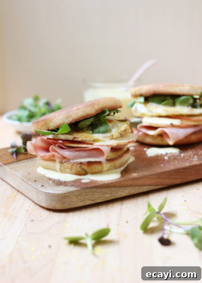 Sunrise Stack: Runny Egg, Maple Ham, Crisp Apple & Velvety Hollandaise 2 Runny Egg, Maple Ham, and Crispy Apple Breakfast Sandwich with Blender Hollandaise Sauce // FoodNouveau.com