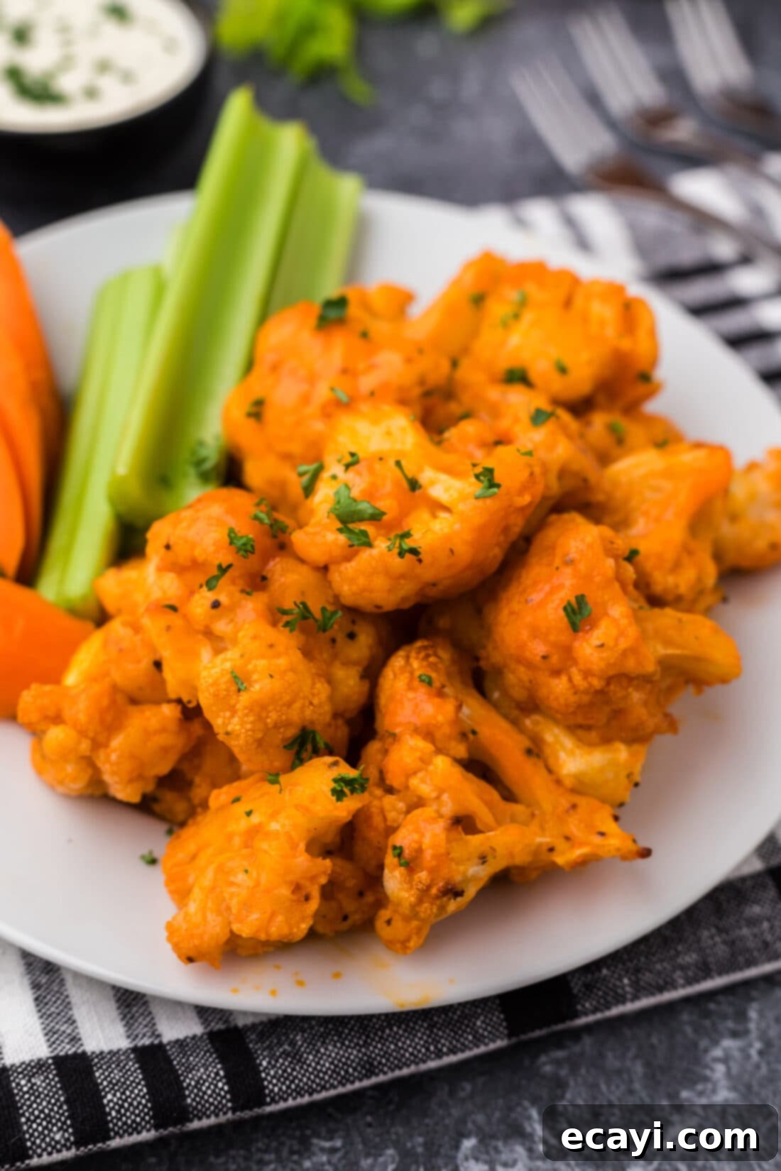Buffalo Cauliflower Bites 2 Buffalo Cauliflower on a plate ready to be served